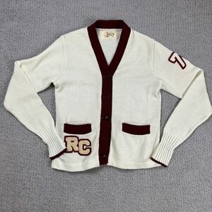 Vintage Whiting RC Varsity Cardigan Sweater Mens S Cream Burgundy Chenille Patch